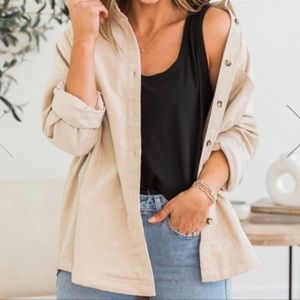 Daryl Ann Denner x Pink Lily Madison jersey lined beige cord shacket in small.